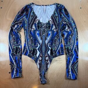 Free People 'Pick a Place' bodysuit Blue Paisley Small Hippy Stretch
